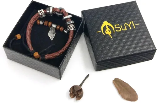 Miniatura 34 de Suyi brazalete ajustable con varias capas, de cuero tejido trenzado con cruz. Pulsera tipo esclava.