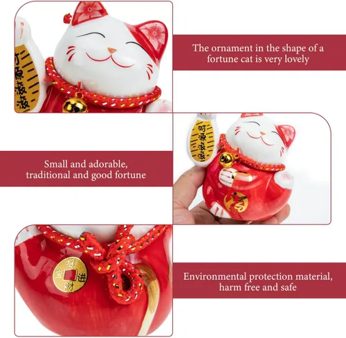 Miniatura 7 de Tofficu Adorable banco de monedas de cerámica roja de gato de la suerte, decoración de Feng Shui, bonita decoración de habitación, gato chino
