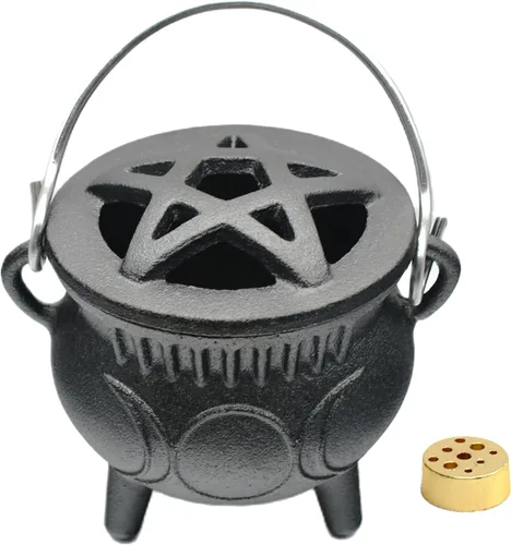 Caldero de hierro fundido con tapa y asa, pequeño caldero de hierro fundido de triple luna, quemador de incienso de brujería, ideal para cocinar,