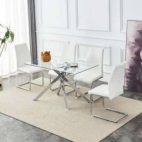 Miniatura 7 de Mesa de comedor rectangular de 51.18" de vidrio templado, mesa de cocina con patas de metal, elegante y robusta mesa de cena para el hogar y la cena
