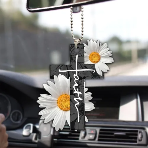 Talataca Dios cristiano Jesús Cruz Fe Margarita Blanca Flor 2D Plano Espejo Retrovisor Accesorios Árbol de Navidad Decoración Colgante Colgante