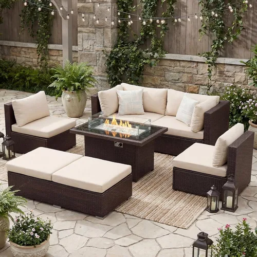 Miniatura 27 de BULEXYARD Juego de muebles de patio de respaldo alto de 7 piezas con mesa de fogata de combustible dual propano/gas natural, sofá seccional