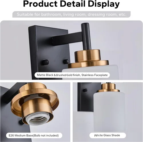 Miniatura 3 de Apliques de pared para baño negros y dorados, juego de 2 1 luz, 4.375 pulgadas de ancho, lámpara de tocador de vidrio blanco - Montaje de pared