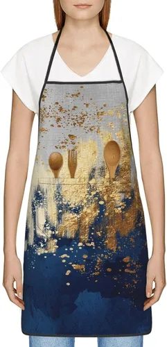 Miniatura 2 de Delantales con pechera para mujeres y hombres, delantales de cocina con bolsillos para cocina, barbacoa, hornear, asar a la parrilla Azul-Dorado