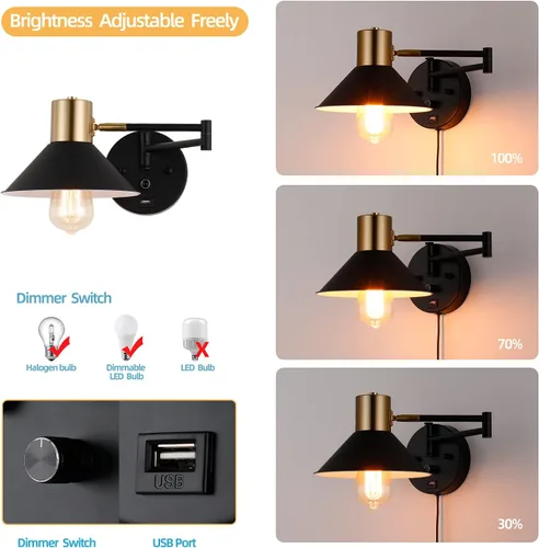 Miniatura 4 de Lámpara de Pared con Brazo Oscilante Enchufable, Apliques de Pared Ajustables, Luz de Lectura Industrial Vintage, Luz de Montaje en Pared junto a