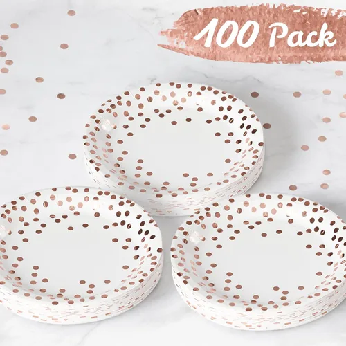 Miniatura 6 de MATICAN Platos de papel para fiestas, paquete de 100 platos desechables blancos y oro rosa, lunares de papel de aluminio, 9 pulgadas Dorado