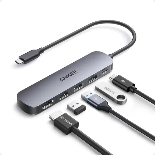 Anker Hub USB C, concentrador USB 5 en 1 para portátiles, adaptador multipuerto HDMI USB-C 4K con entrega de potencia máxima de 90 W, 3 puertos de