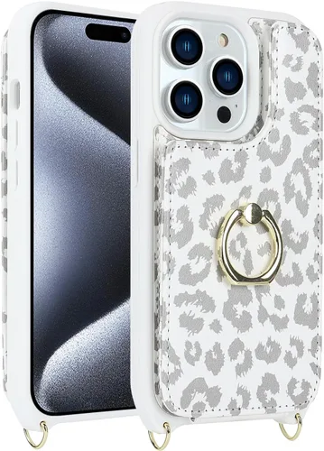 Miniatura 8 de Lipvina Funda para iPhone 15 Pro Max con tarjetero y correa para mujer, cordón cruzado, bloqueo RFID, soporte de anillo, cierre a presión, bonita