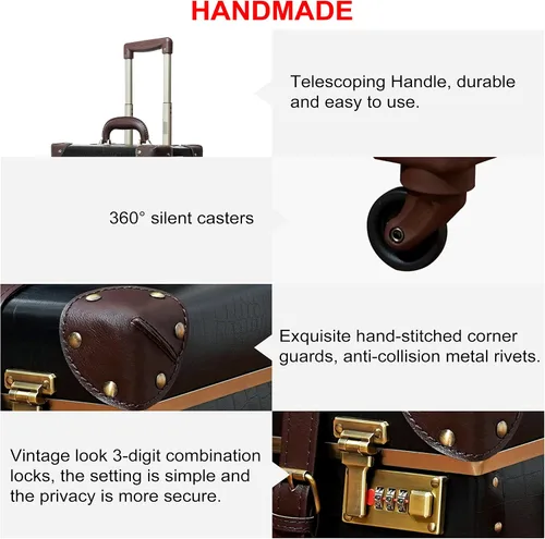 Miniatura 3 de urecity Juego de 2 maletas vintage, maleta retro con ruedas para hombres y mujeres, lindo juego de equipaje de viaje de diseñador con bolsa