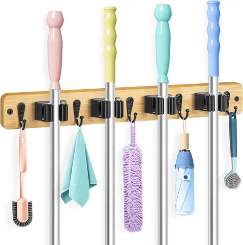 IMILLET - Soporte de pared para fregona y escoba, colgador de bambú con 4 estantes y 5 ganchos, decoración para la lavandería, organizador de