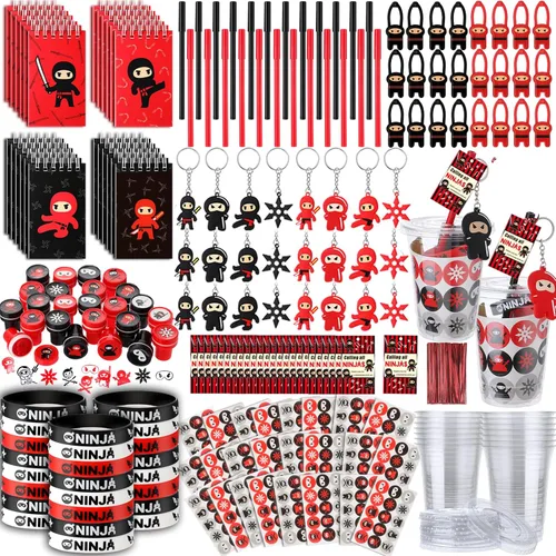 Miniatura 8 de Wettarn 161 piezas de recuerdos de fiesta ninja incluyen bloc de notas de ninjas voladores, pulseras de silicona, llaveros, bolígrafo adhesivo