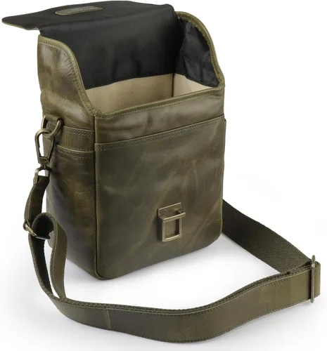 Miniatura 4 de Bolso bandolera para cámara de piel auténtica MegaGear, para cámaras mirrorless, dispositivo electrónico portátil Caqui Verde