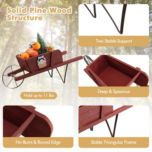 Miniatura 4 de HAPPYGRILL Planta de carro de carretilla, maceta pequeña de madera de pino maciza con soporte de metal triangular, 2 asas de ahorro de energía