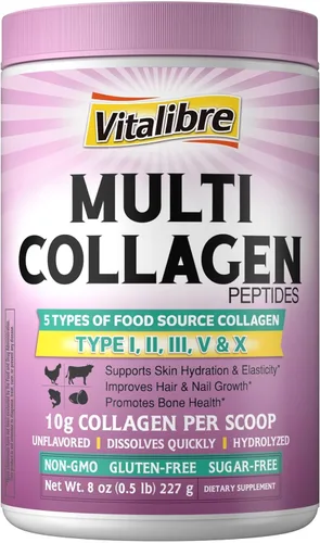 Vitalibre Polvo de Péptidos de Colágeno Múltiple Tipo I II III V X, Proteína de Colágeno Hidrolizada para Mujeres y Hombres, Piel, Cabello, Uñas,