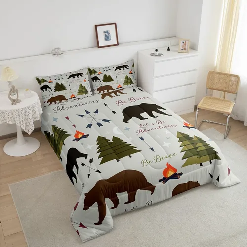 Miniatura 4 de Juego de ropa de cama Happy Camping de Homewish, tamaño individual, con diseño de osos cazadores y pinos, para niños, hombres, adultos, decoración