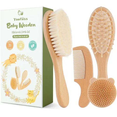 Yoofoss Juego de 4 piezas de cepillo y peine para bebé, cepillo de madera para bebé con pelo de cabra ultra suave natural, cepillo de pelo para bebé