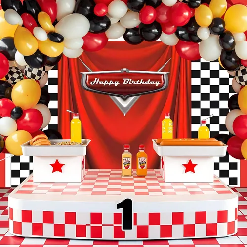 Miniatura 4 de Fondo de cumpleaños de coche con bandera de carreras, 5 x 3 pies, fondo de fotos de carreras a cuadros duradero para decoraciones de cumpleaños