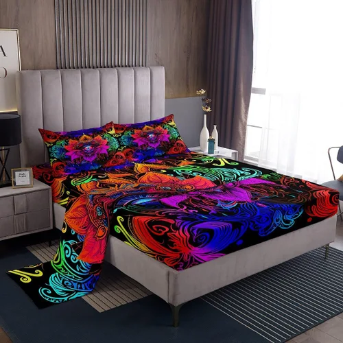 Miniatura 42 de Erosebridal Juego de sábanas tamaño individual con estampado de luna, diseño de flores de loto, color morado degradado, juego de sábanas orientales