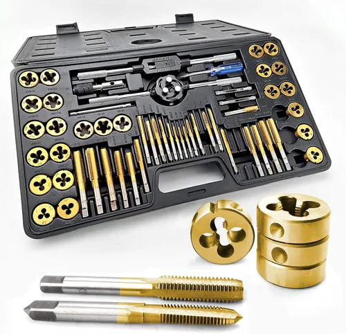 Azuno Juego de 60 piezas métricas y SAE, acero con rodamiento GCr15 recubierto de titanio con mango en T, llave, calibre, destornillador en estuche