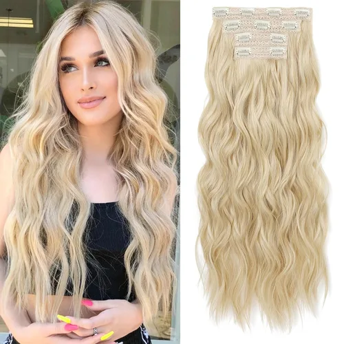 Miniatura 25 de REECHO Extensiones de cabello con pinza, 4 piezas de extensiones de cabello rubio de 24" de largo, ondas de playa gruesas, HE003, trama de encaje