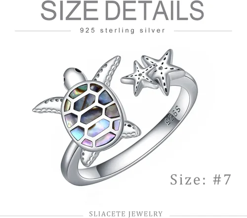 Miniatura 5 de SLIACETE Anillo de tortuga con estrella de mar de plata de ley 925 con anillo de tortuga para mujeres, talla 7, no conocido