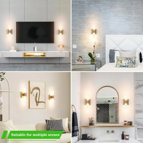 Miniatura 4 de Juego de 2 apliques de pared LED de cristal, lámparas de baño de oro cepillado, modernas luces de baño con LED con cable para dormitorio, sala