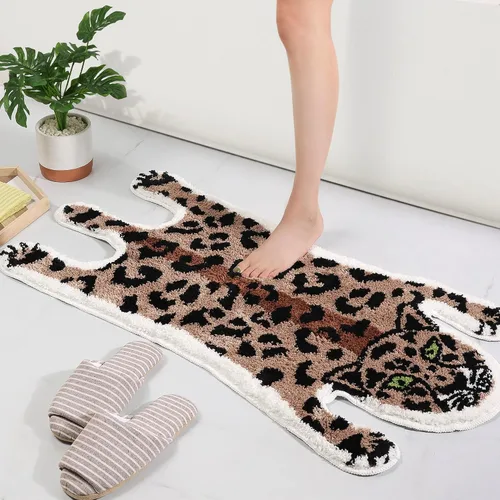 Miniatura 4 de Panstar Tapete de baño de leopardo para baño, tapete de baño de dibujos animados de leopardo marrón, antideslizante, absorbente en forma de animal