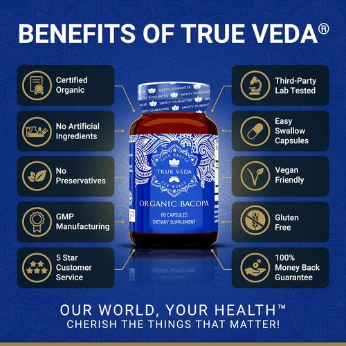 Miniatura 2 de True Veda Suplemento orgánico de Bacopa Monnieri – Extracto de Bacopa Premium Cápsulas Brahmi orgánicas certificadas por USDA con 50% de bacosidos