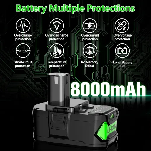 Miniatura 7 de Paquete de 2 baterías de repuesto de 8.0Ah para batería Ryobi de 18 V con cargador P117 de litio compatible con Ryobi 18 voltios ONE+ Plus P102 P103