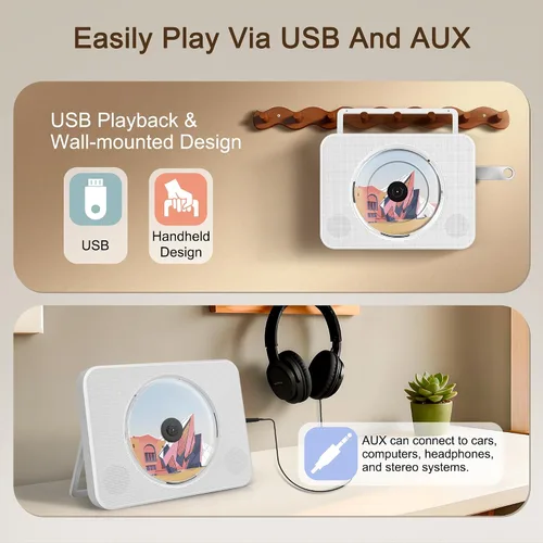 Miniatura 5 de Reproductor de CD con altavoces para el hogar, reproductor de CD Bluetooth para automóvil, con radio Bluetooth/FM/USB/AUX, reproductores de música
