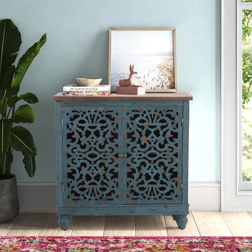 Miniatura 8 de PHI VILLA Gabinetes de acento azul, pequeño gabinete de buffet y aparador, credenza de 2 puertas talladas huecas, gabinete de almacenamiento