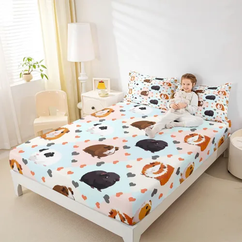 Erosebridal Bonita sábana bajera ajustable de conejillo de indias, tamaño individual, sábanas kawaii con diseño de ratón para niños y niñas, ropa de