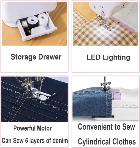 Miniatura 4 de Máquina de coser para principiantes, mini portátil eléctrico, 12 puntadas integradas con costura inversa, 2 velocidades de doble hilo con pedal
