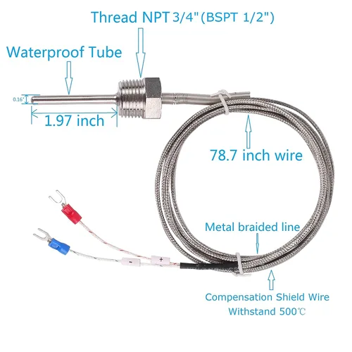 Miniatura 3 de Termopar tipo K impermeable - Sonda de sensor de temperatura a tierra Jaybva para controlador de temperatura PID de dos alambres de acero inoxidable