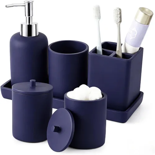 Miniatura 16 de Juego de baño de resina de 6 piezas color beige completo con soporte para cepillos de dientes, dispensador de jabón de loción, 2 dispensadores