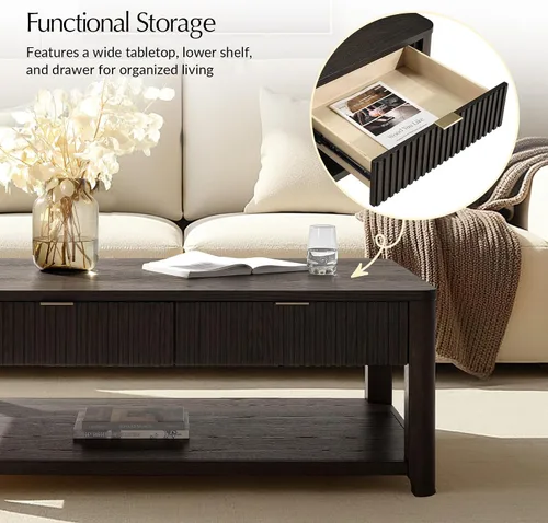 Miniatura 3 de HULALA HOME Mesa de centro moderna acanalada con almacenamiento, mesa de centro de chapa de roble de madera con mesa ancha, 2 cajones y estante Nogal