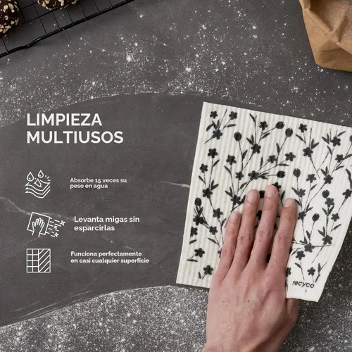 Miniatura 4 de RECYCO Paños suecos para cocina Paquete de 5 trapos geométricos lavables Toallas de papel de limpieza reutilizables de celulosa Paño