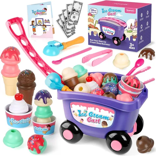 Kasfalci Juguete de carrito de helados, juego de heladería para niños, tienda de comestibles, juguetes de comida de juego de simulación, carrito de