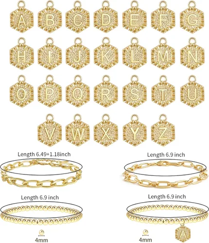 Miniatura 6 de Pulseras chapadas en oro para mujer, pulseras con inicial de oro, juego de pulseras apilables de cuentas en capas de oro, pulseras lindas, Ágata