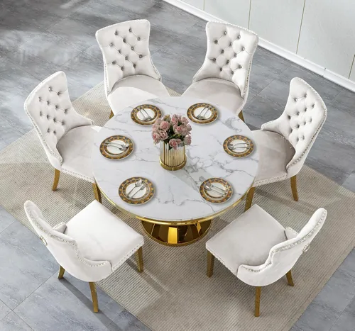 Miniatura 3 de Henf Juego de mesa de comedor redonda de mármol para 6, moderna mesa de comedor de 45 pulgadas con base de acero inoxidable con diseño de diamante