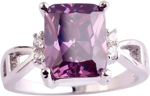 Miniatura 11 de Anillo solitario chapado en plata 925 con circonita cúbica de amatista artificial para mujer