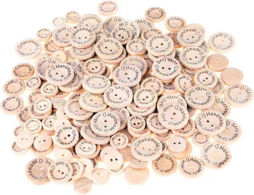 Miniatura 2 de 150 botones de madera Pinowu (15-0.787-0.984 in) hechos a mano con amor, decoración redonda para manualidades, 2 agujeros, botones de costura