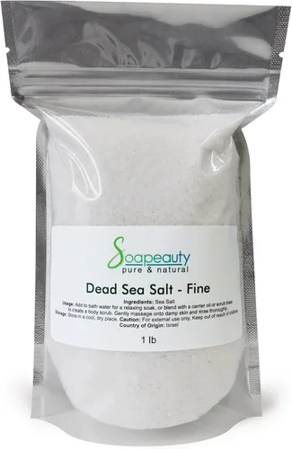 Soapeauty La sal del Mar Muerto de 16 onzas de grano fino es 100 % natural y pura utilizada en remojo de sales de baño, exfoliante de sal facial,
