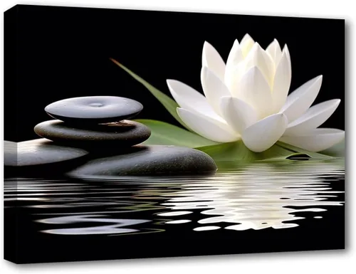 Miniatura 7 de LZIMU Lienzo decorativo para pared, diseño de loto blanco y piedras zen negras que florecen en el agua, impresiones de imágenes para yoga, spa