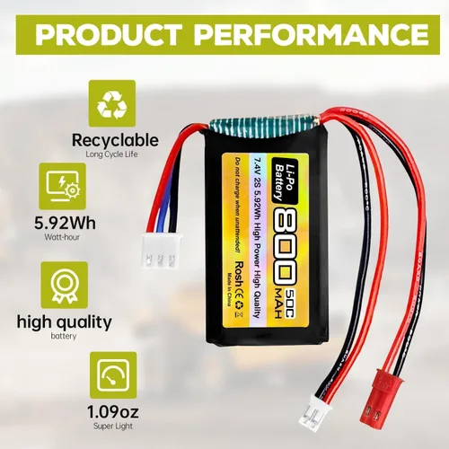 Miniatura 5 de 2 unidades 7.4V LiPo 2S 50C JST y PH2.0 Plug 800mAh Batería para SCX24 RC Car Compatible con la mayoría de las baterías RC 1/10, 1/16, 1/18, 1/24
