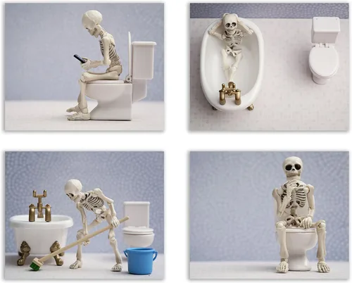 Juego de impresiones artísticas divertidas de esqueleto para baño, juego de 4 – 8 x 10 pulgadas, sin marco, con calavera humorística para decoración