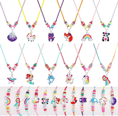 MJartoria Juego de 24 pulseras y collares tejidos de amistad para niñas con dije de panda de unicornio, joyería de amistad, regalo de unicornio para