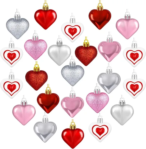 Miniatura 12 de 48 adornos para el día de San Valentín, decoraciones en forma de corazón rosa, 2 tamaños de bolas colgantes, adornos brillantes para boda
