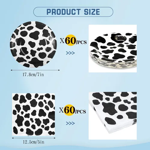 Miniatura 2 de 120 piezas de suministros para fiesta de cumpleaños con estampado de vaca marrón, vajilla de papel desechable con platos y servilletas de 7 pulgadas