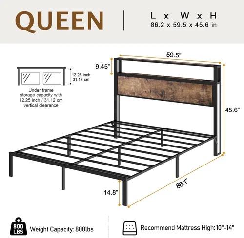 Miniatura 2 de Base de cama tamaño Queen con cabecero, marco de cama de plataforma de metal con luces LED y estación de carga, almacenamiento debajo de la cama